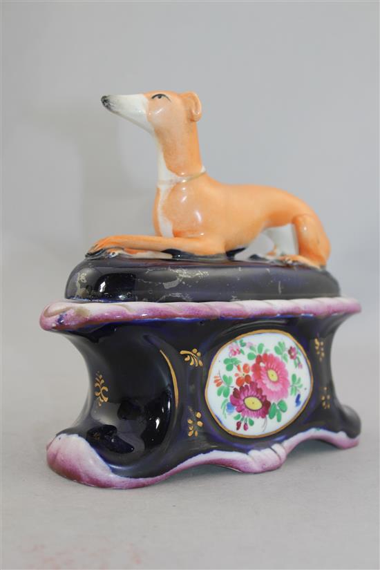 A rare Staffordshire greyhound ink stand and cover, mid 19th century, 17cm., restorations